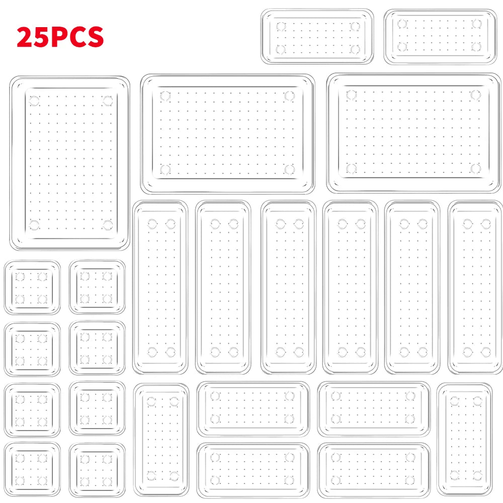 25pcs Drawer Organizer Set - Clear Plastic Dividers Bins in 4 Sizes Storage Box for Perfect Makeup Jewelries Storage