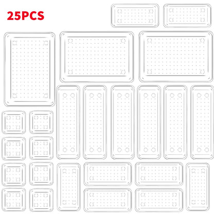 25pcs Drawer Organizer Set - Clear Plastic Dividers Bins in 4 Sizes Storage Box for Perfect Makeup Jewelries Storage