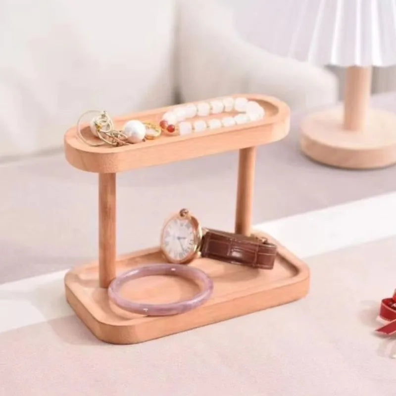 Wooden Double-Layer Tray Storage Rack Desktop Jewelry Display Key Storage Organizer for Household Entrance Cosmetics Storage
