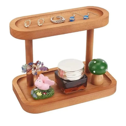 Wooden Double-Layer Tray Storage Rack Desktop Jewelry Display Key Storage Organizer for Household Entrance Cosmetics Storage
