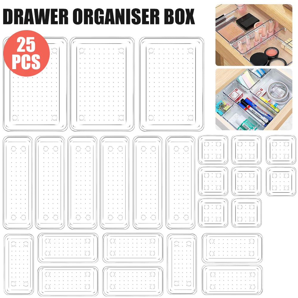 25pcs Drawer Organizer Set - Clear Plastic Dividers Bins in 4 Sizes Storage Box for Perfect Makeup Jewelries Storage