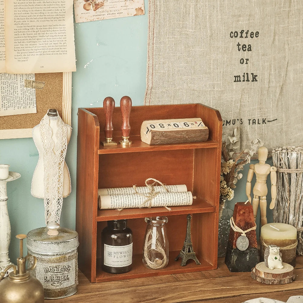 Three-layer retro desktop wooden storage rack desktop display rack cosmetics storage cabinet multi-function wooden rack