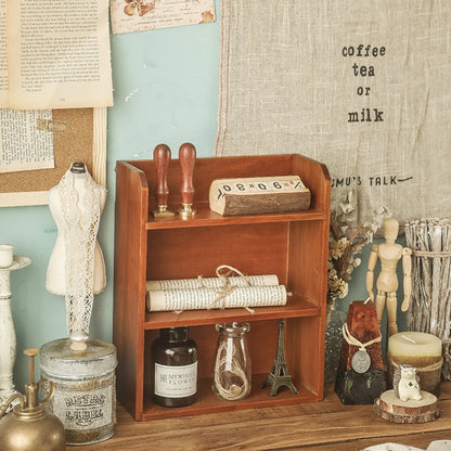 Three-layer retro desktop wooden storage rack desktop display rack cosmetics storage cabinet multi-function wooden rack