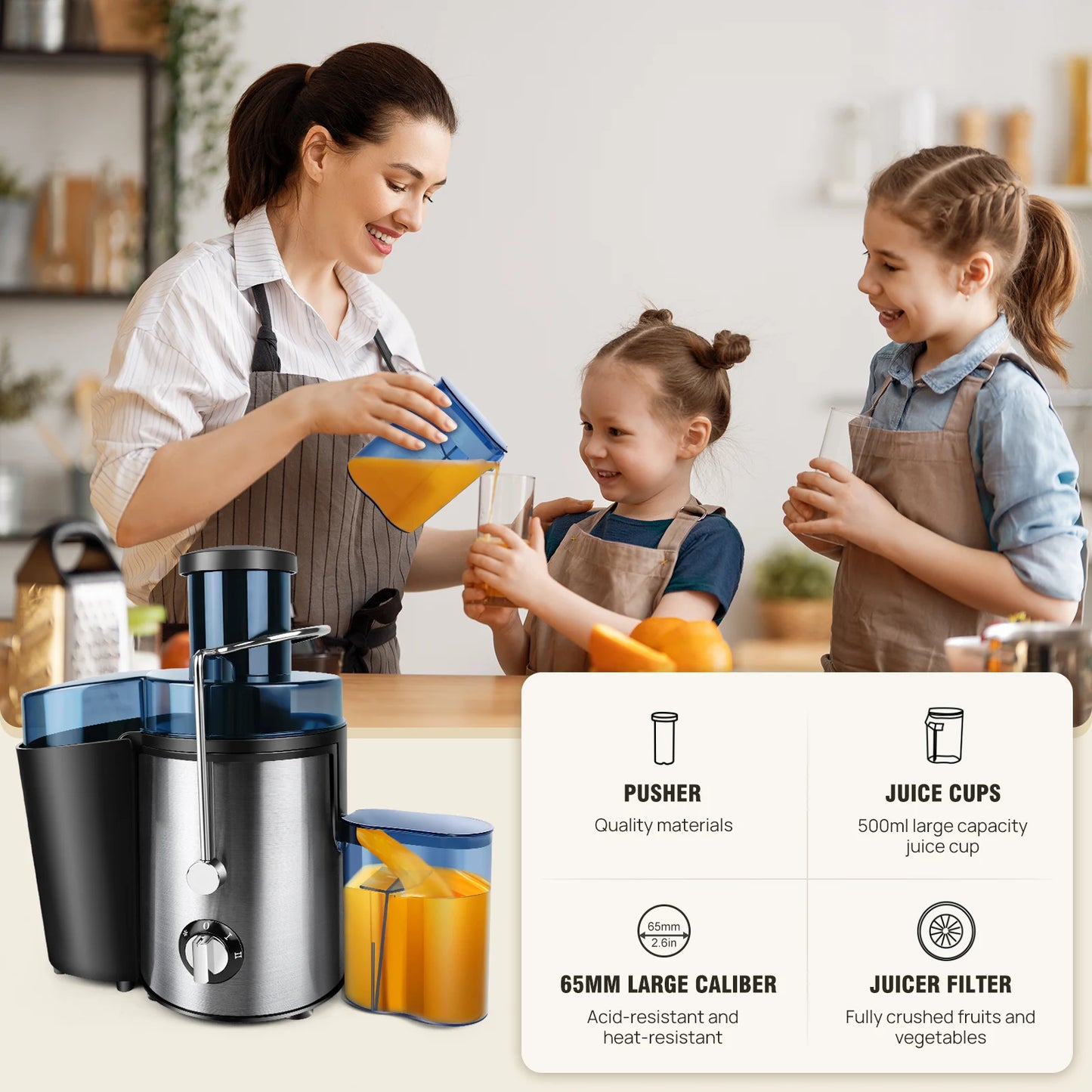 Juicer Machine with Feed Chute, 2-Speed Centrifugal Juice Extractor for Fruits, Vegetables, 500ML Capacity Electric Juicer