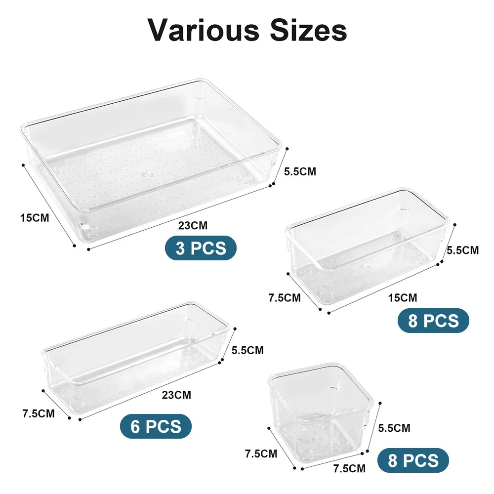 25pcs Drawer Organizer Set - Clear Plastic Dividers Bins in 4 Sizes Storage Box for Perfect Makeup Jewelries Storage