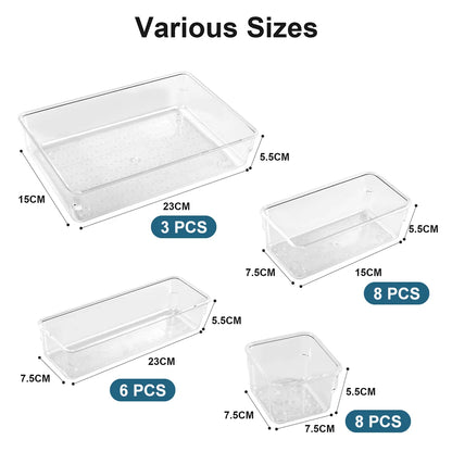 25pcs Drawer Organizer Set - Clear Plastic Dividers Bins in 4 Sizes Storage Box for Perfect Makeup Jewelries Storage