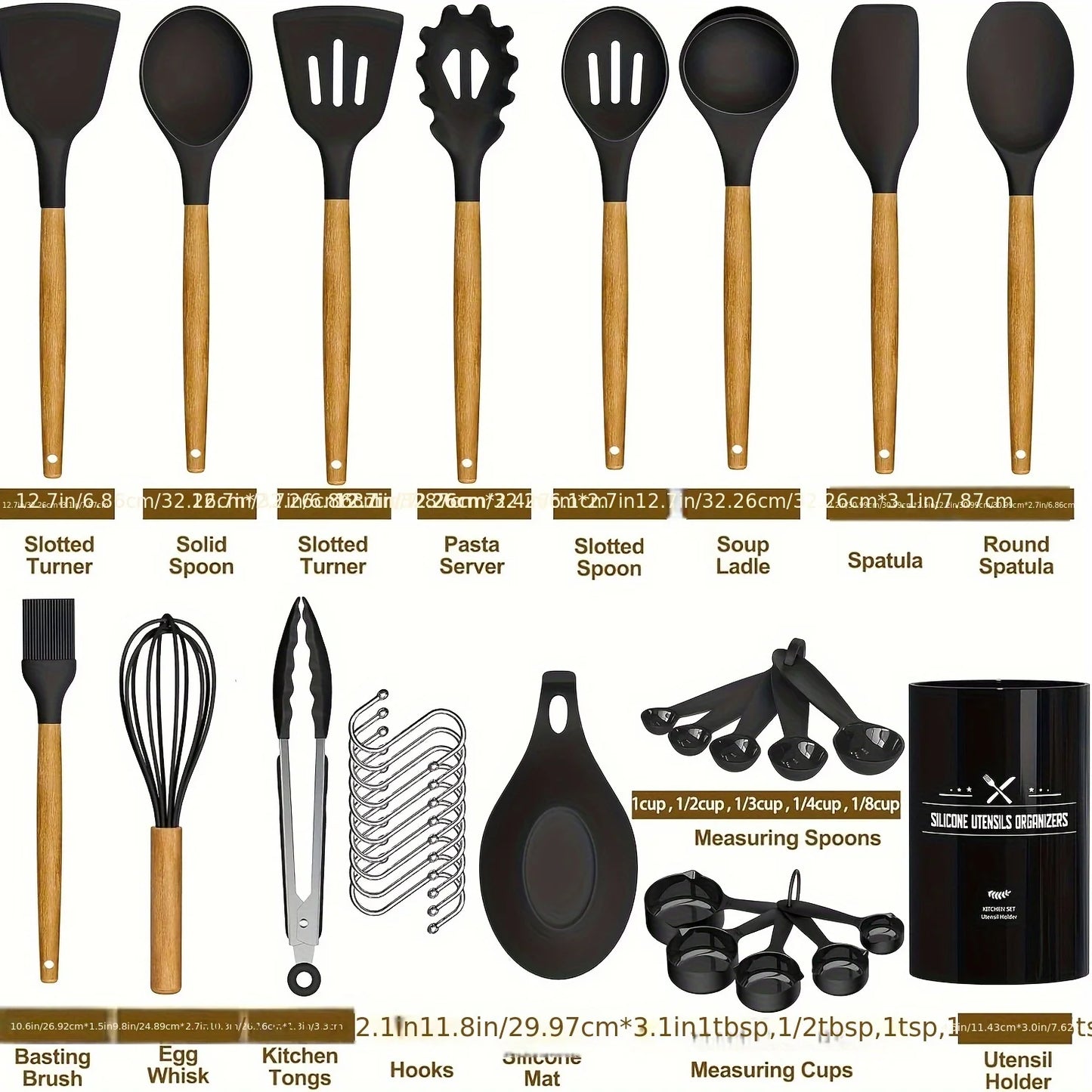 33pcs Silicone Kitchen Cooking Utensils Set, Non-Stick Utensils Spatula Set With Holder, Wooden Handle Silicone Kitchen Gadgets