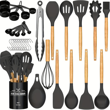 33pcs Silicone Kitchen Cooking Utensils Set, Non-Stick Utensils Spatula Set With Holder, Wooden Handle Silicone Kitchen Gadgets