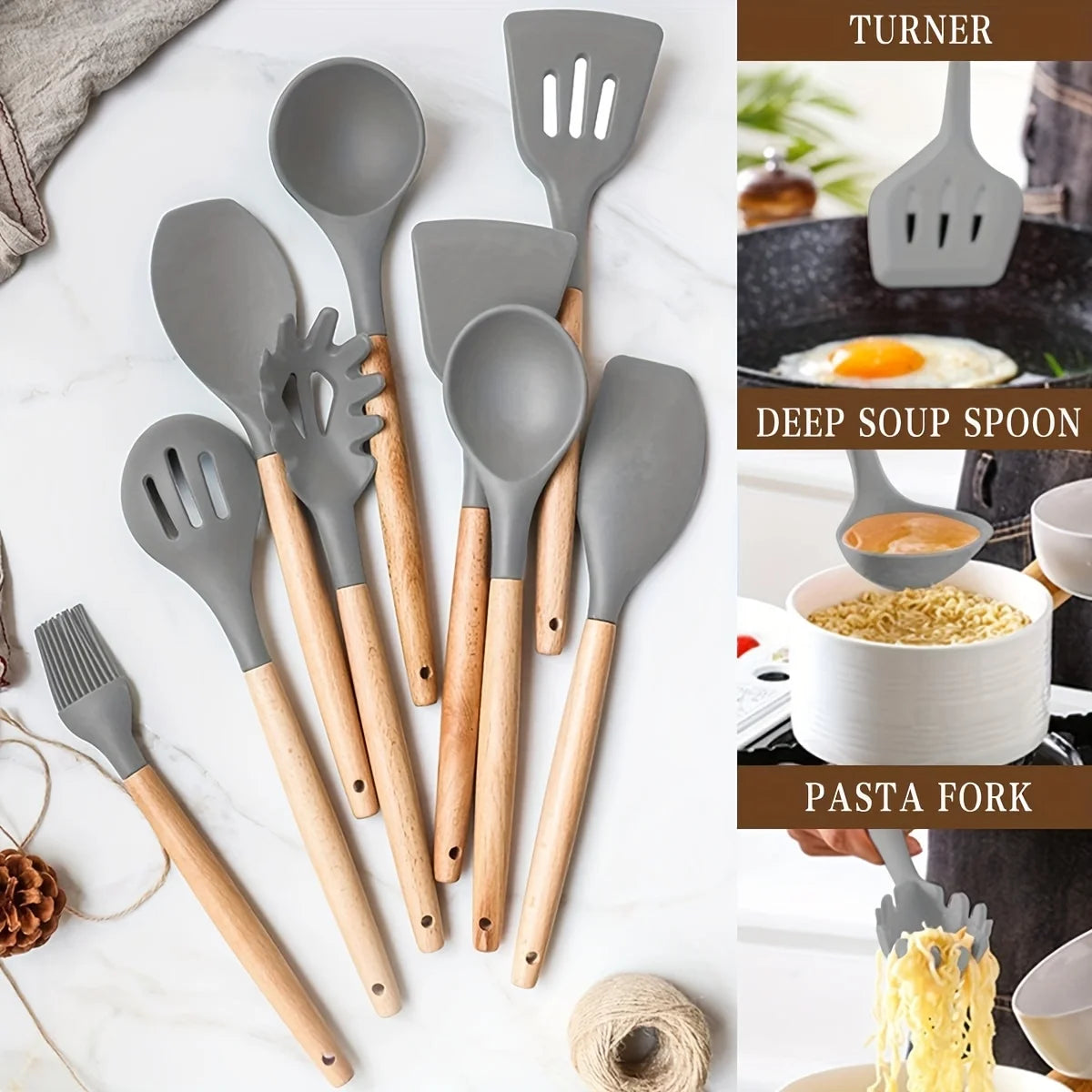 33pcs Silicone Kitchen Cooking Utensils Set, Non-Stick Utensils Spatula Set With Holder, Wooden Handle Silicone Kitchen Gadgets
