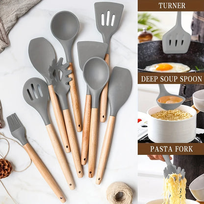 33pcs Silicone Kitchen Cooking Utensils Set, Non-Stick Utensils Spatula Set With Holder, Wooden Handle Silicone Kitchen Gadgets
