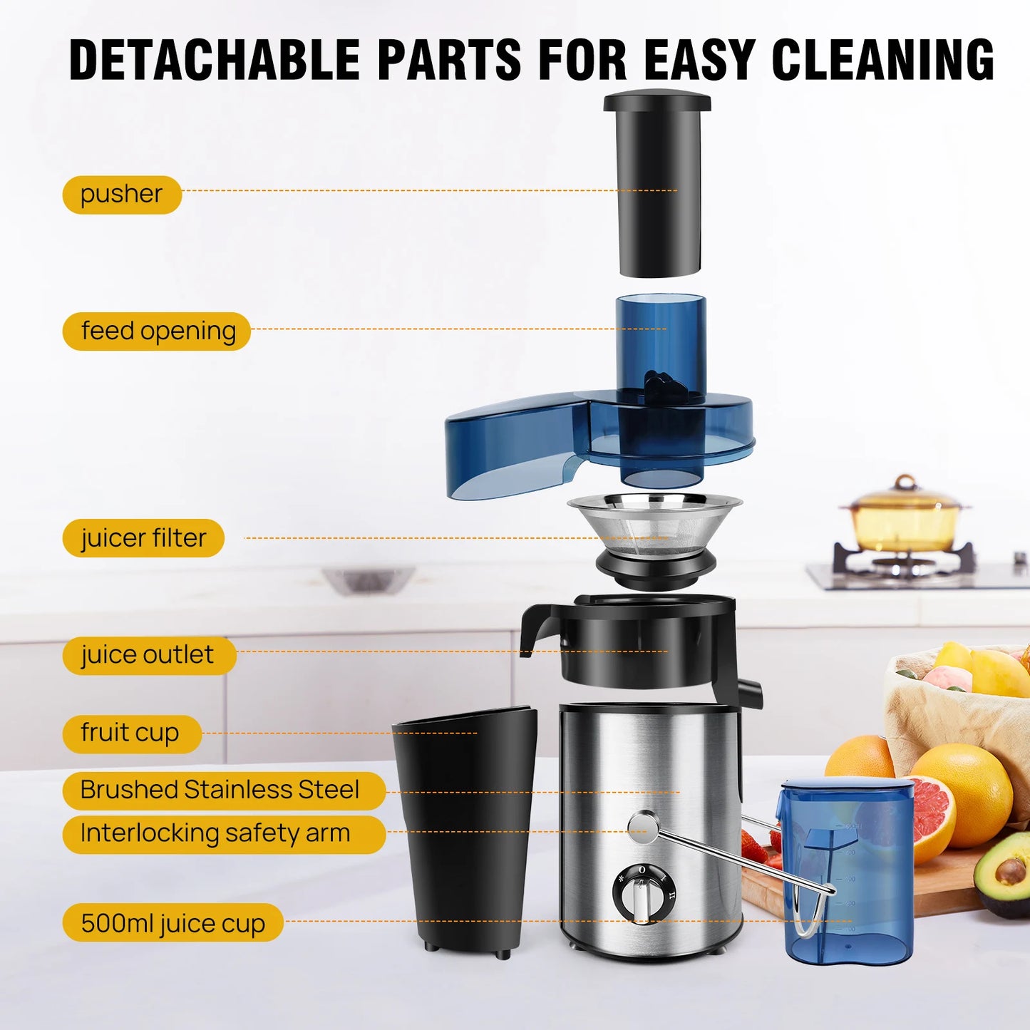 Juicer Machine with Feed Chute, 2-Speed Centrifugal Juice Extractor for Fruits, Vegetables, 500ML Capacity Electric Juicer