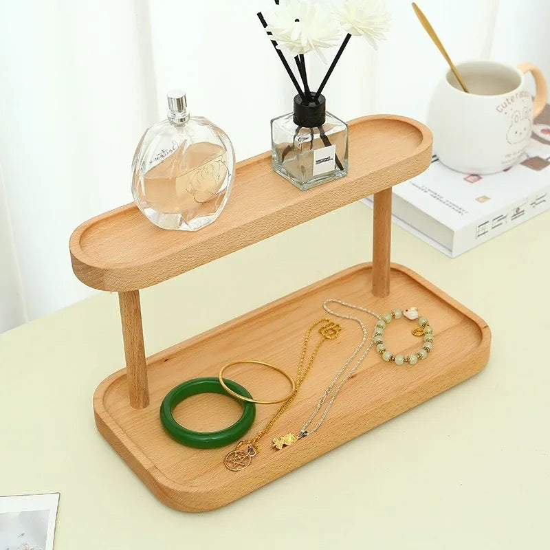 Wooden Double-Layer Tray Storage Rack Desktop Jewelry Display Key Storage Organizer for Household Entrance Cosmetics Storage