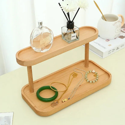 Wooden Double-Layer Tray Storage Rack Desktop Jewelry Display Key Storage Organizer for Household Entrance Cosmetics Storage