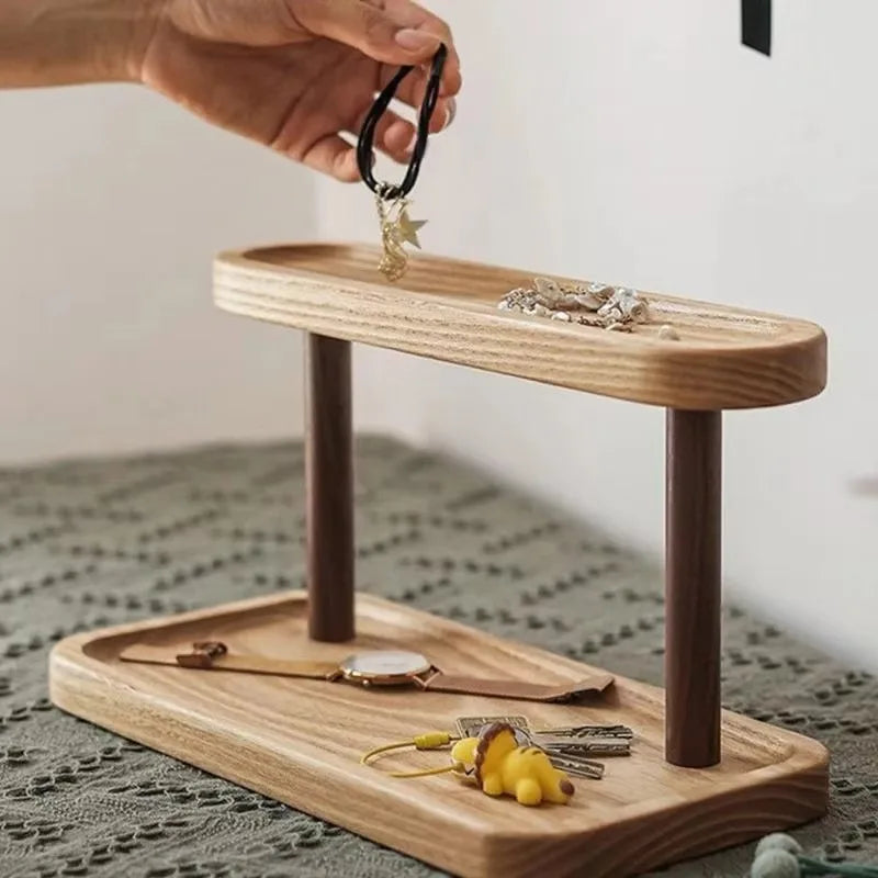 Wooden Double-Layer Tray Storage Rack Desktop Jewelry Display Key Storage Organizer for Household Entrance Cosmetics Storage