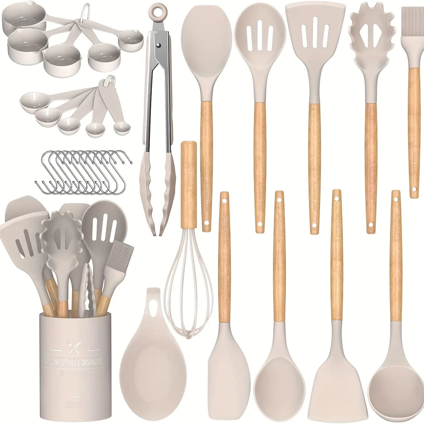 33pcs Silicone Kitchen Cooking Utensils Set, Non-Stick Utensils Spatula Set With Holder, Wooden Handle Silicone Kitchen Gadgets