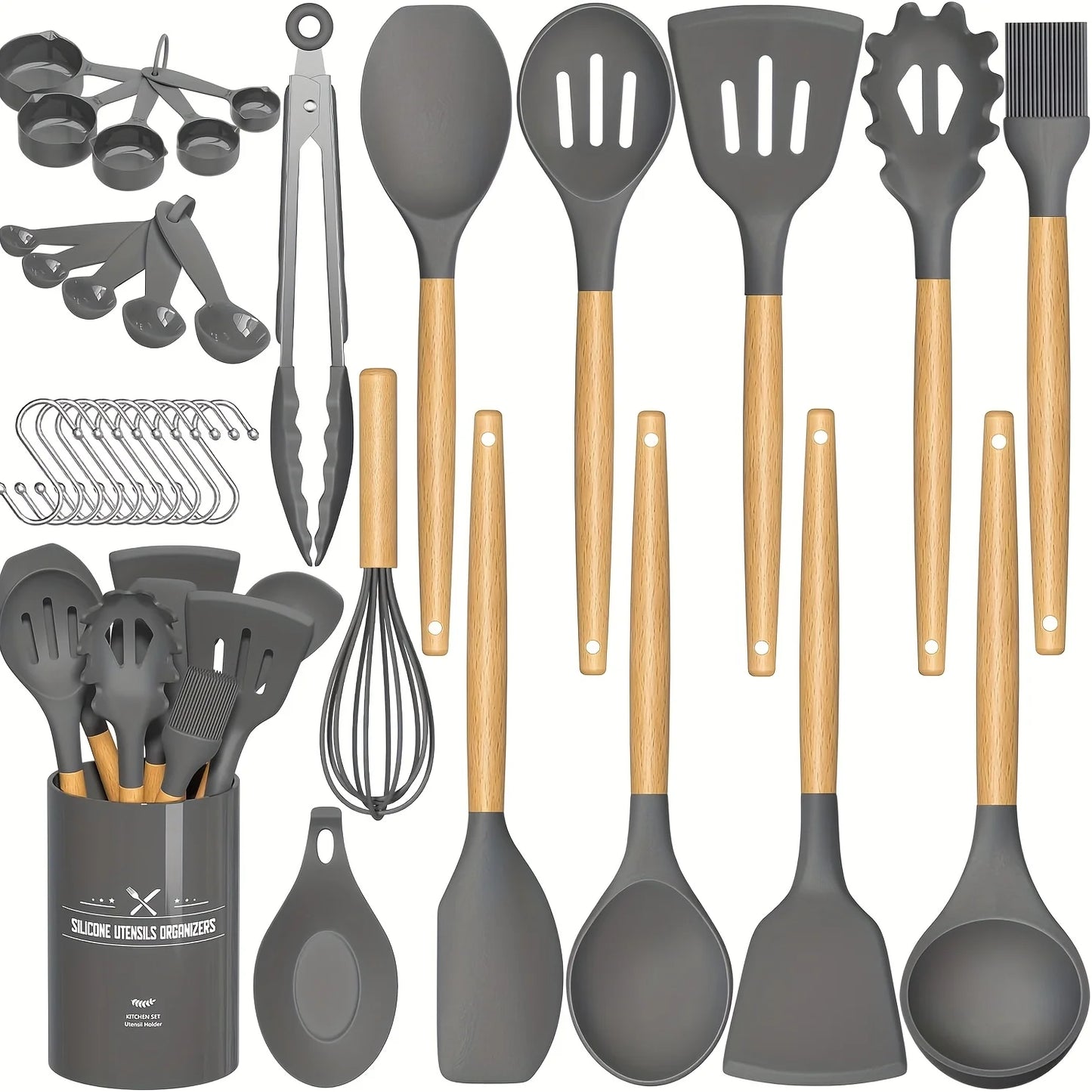 33pcs Silicone Kitchen Cooking Utensils Set, Non-Stick Utensils Spatula Set With Holder, Wooden Handle Silicone Kitchen Gadgets