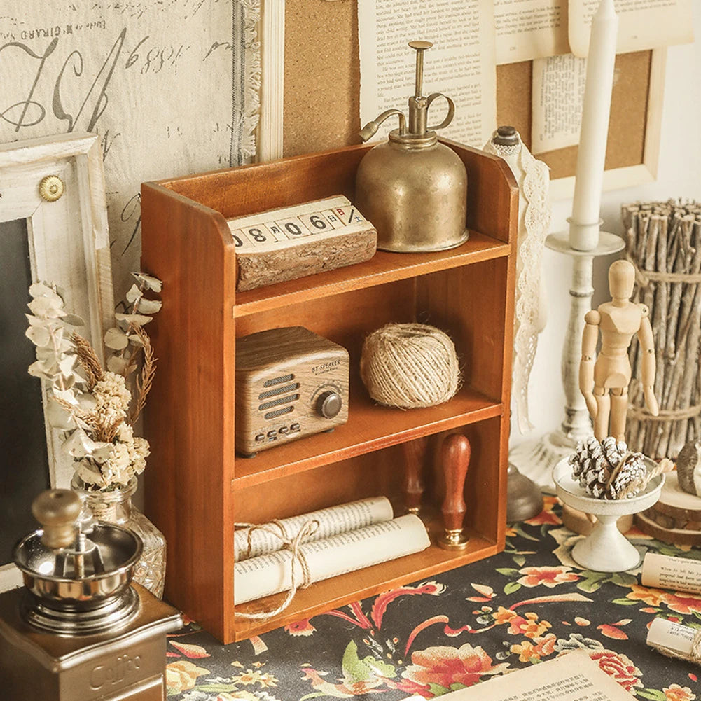 Three-layer retro desktop wooden storage rack desktop display rack cosmetics storage cabinet multi-function wooden rack