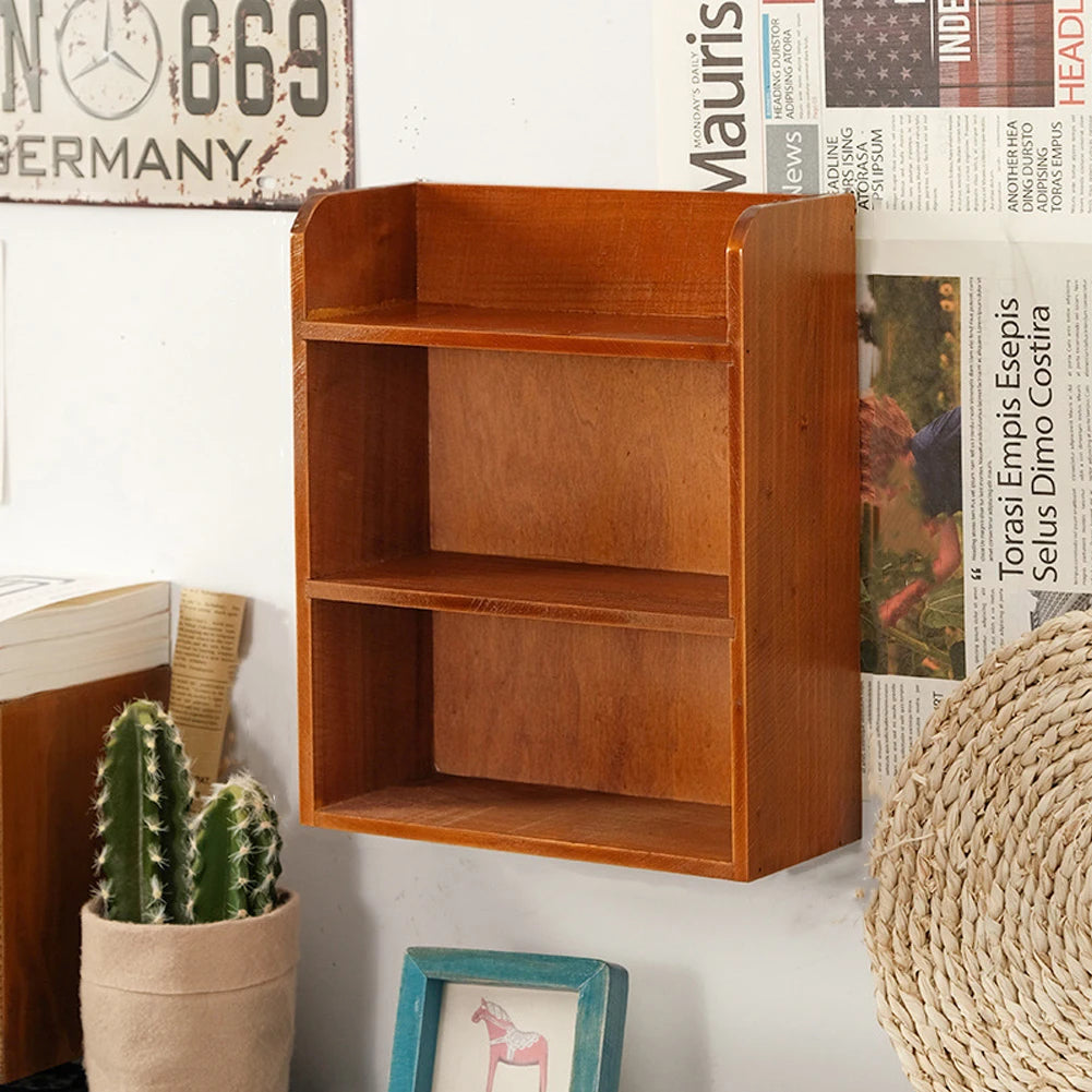 Three-layer retro desktop wooden storage rack desktop display rack cosmetics storage cabinet multi-function wooden rack