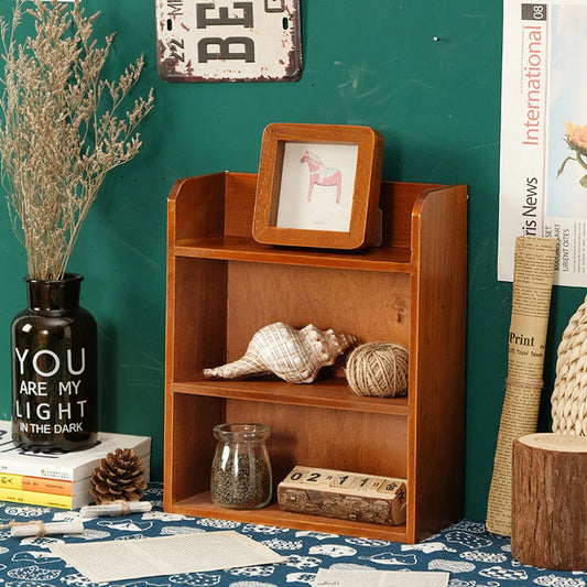 Three-layer retro desktop wooden storage rack desktop display rack cosmetics storage cabinet multi-function wooden rack