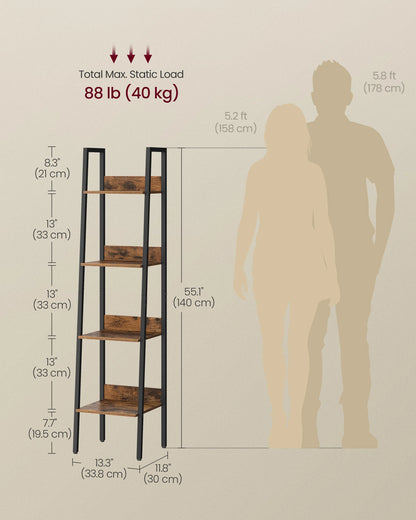 VASAGLE 4-Tier Narrow Bookshelf – Slim Ladder Shelf for Small Spaces, Metal Frame & Wooden Shelves, Modern Bookcase for Home & Office